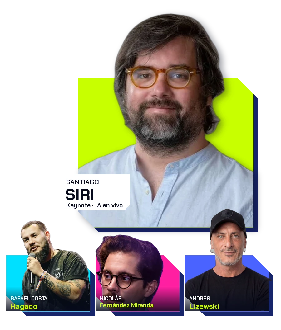 Speakers de NEA TECH 2026: Santiago Siri (keynote de IA en vivo), Rafael Costa Ragaco, Nicolás Fernández Miranda y Andrés Lizewski